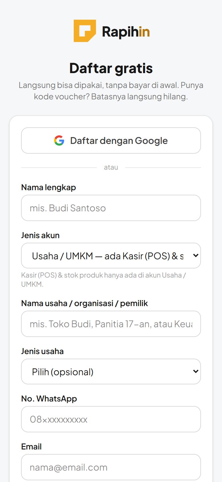 Form daftar bagian atas
