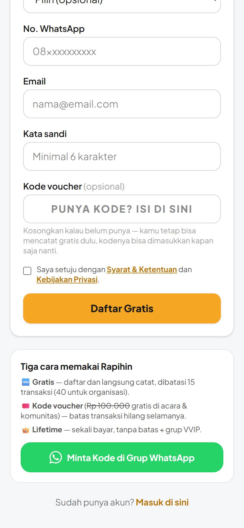 Form daftar bagian bawah