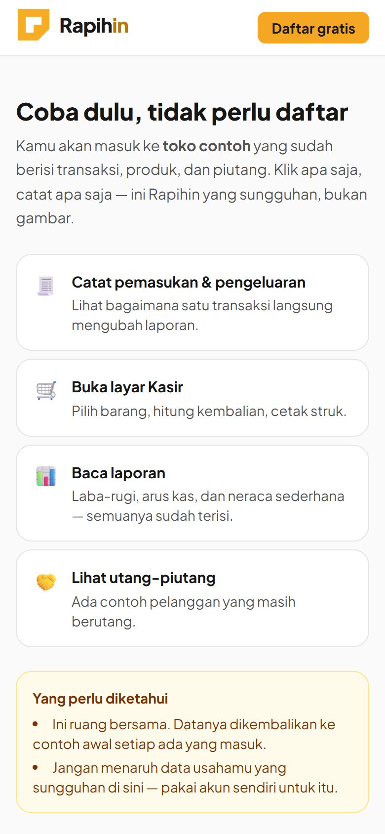 Halaman demo Rapihin