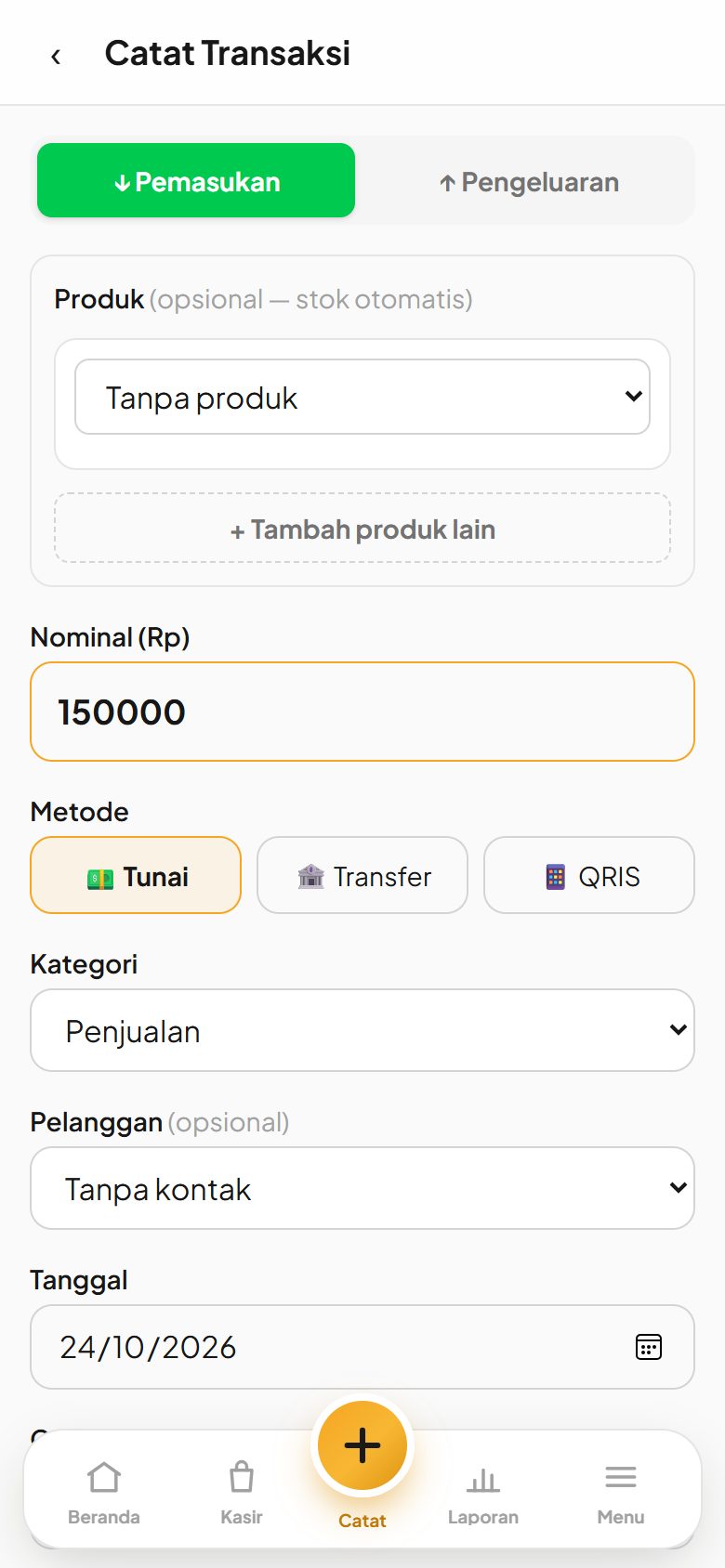 Form catat pemasukan