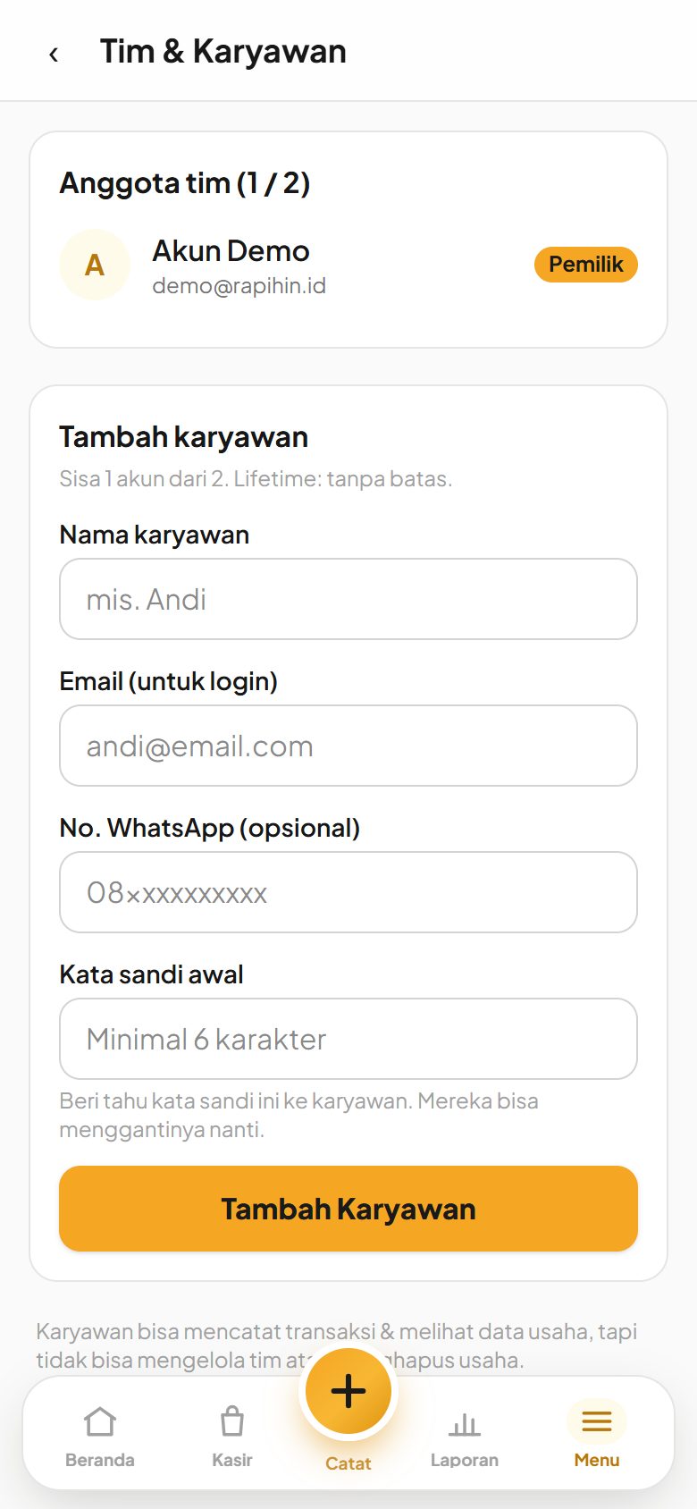 Menu tim dan karyawan